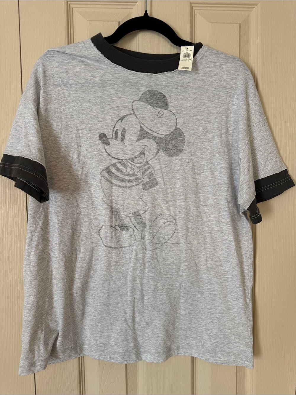 aerie Light Gray Tee with Dark Gray Ringer Trim - Mickey Graphic French